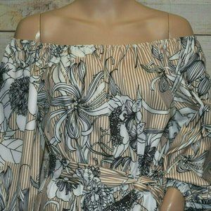 NWT CHRISTY & CO M BEIGE TAN WHITE BLACK FLORAL STRIPE OFF SHOULDER MIDI DRESS